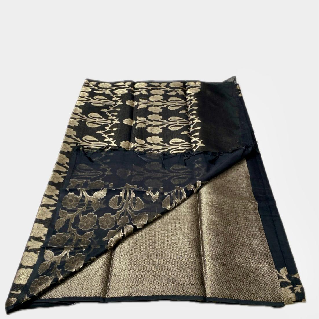 Cotton Chanderi Black Saree with Golden Floral Border