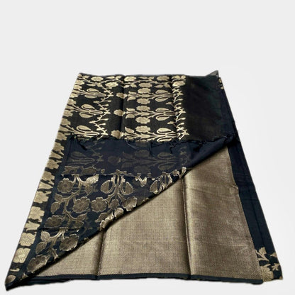 Cotton Chanderi Black Saree with Golden Floral Border