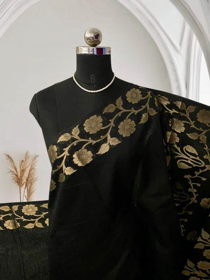 Cotton Chanderi Black Saree with Golden Floral Border