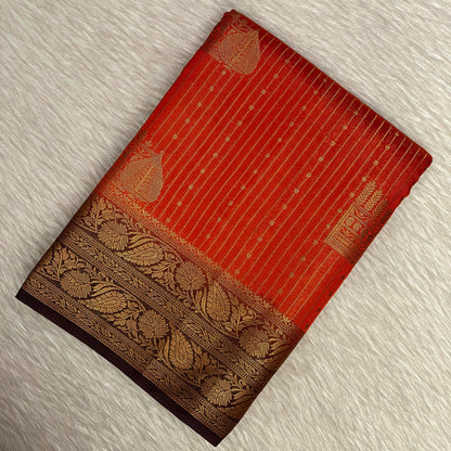 Adithi Vibrant Orange Banarasi Silk Saree with Golden Zari Border