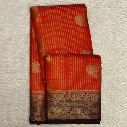 Adithi Vibrant Orange Banarasi Silk Saree with Golden Zari Border