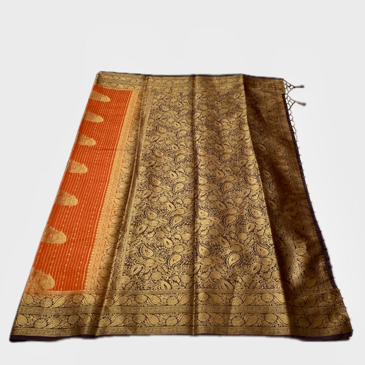 Adithi Vibrant Orange Banarasi Silk Saree with Golden Zari Border