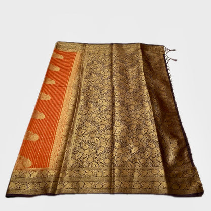 Adithi Vibrant Orange Banarasi Silk Saree with Golden Zari Border