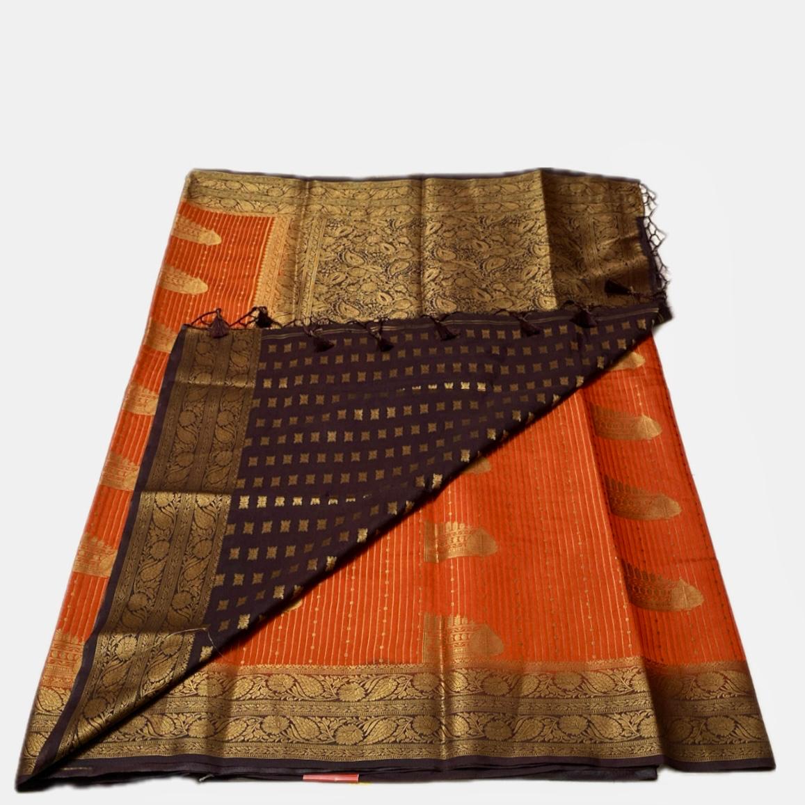 Adithi Vibrant Orange Banarasi Silk Saree with Golden Zari Border
