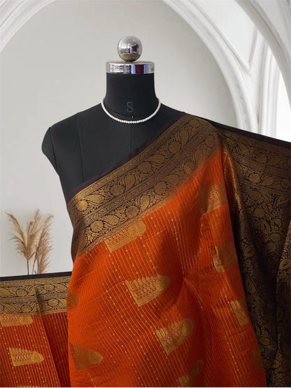 Adithi Vibrant Orange Banarasi Silk Saree with Golden Zari Border