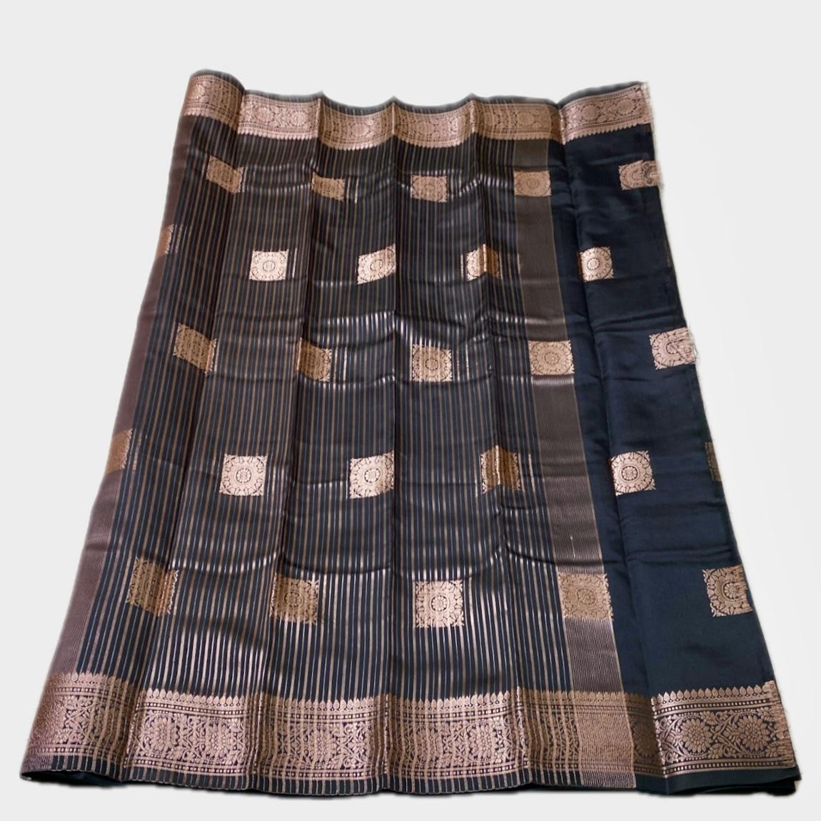 Seetha Soft Silk Saree with Square Design Black
