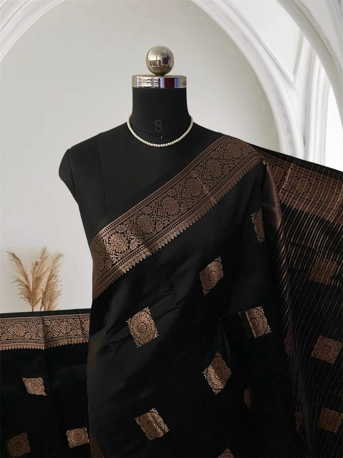 Seetha Soft Silk Saree with Square Design Black