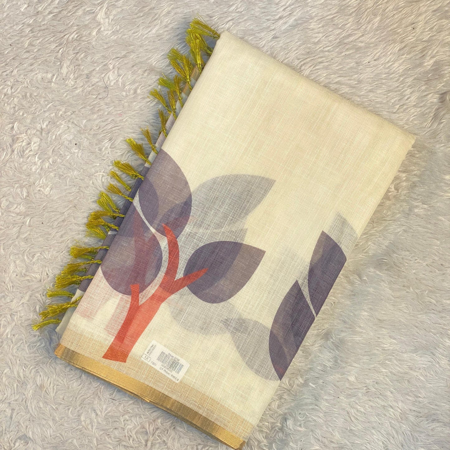tharu Semi Linen Leaf Printed Saree Off White with Green Tussels