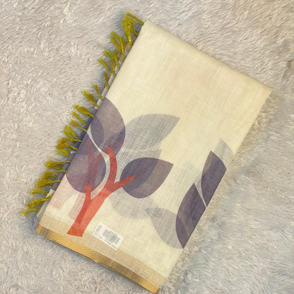 tharu Semi Linen Leaf Printed Saree Off White with Green Tussels