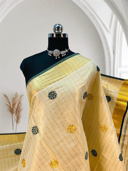 Kerala Saree with Body Full Striped Floral Embroidery Bottle Green