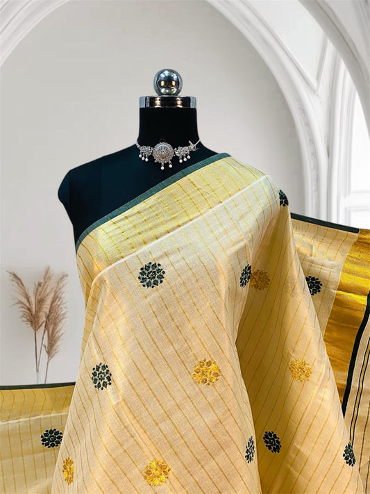 Kerala Saree with Body Full Striped Floral Embroidery Bottle Green