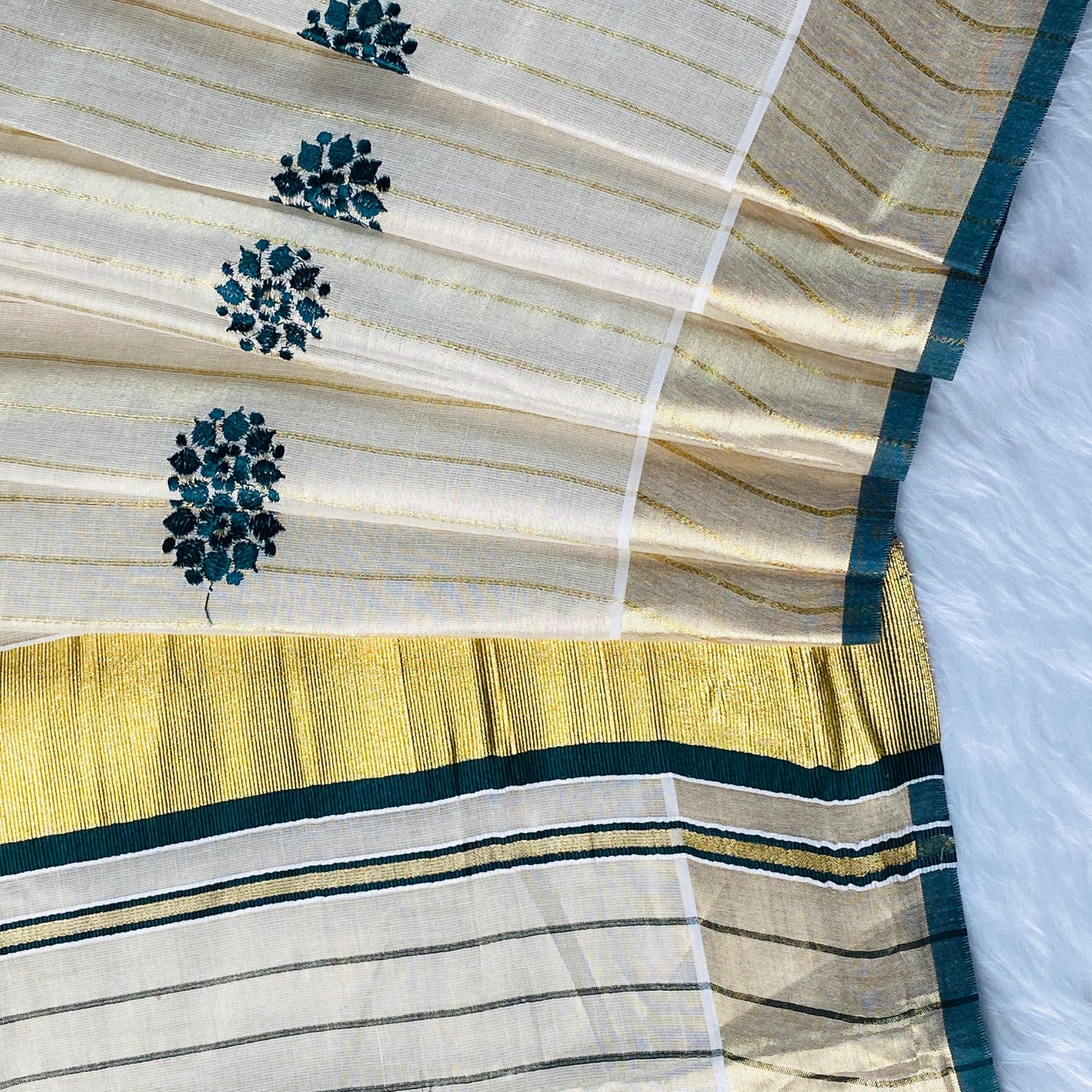 Kerala Saree with Body Full Striped Floral Embroidery Bottle Green