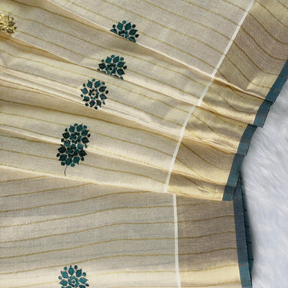 Kerala Saree with Body Full Striped Floral Embroidery Bottle Green