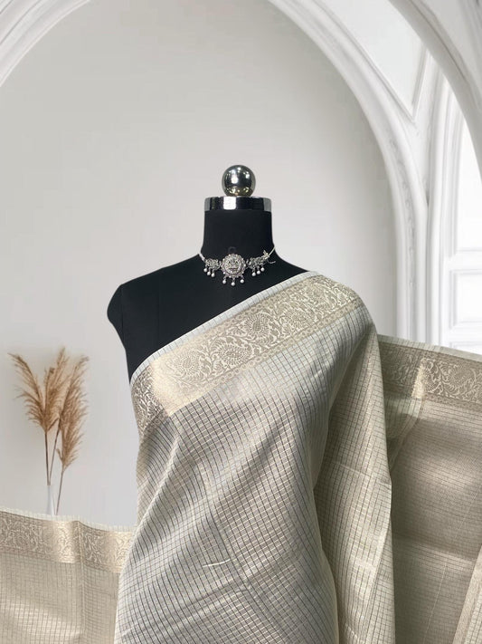 Ambika Tissue Saree with Checks and Floral Mango Border Off White (Easter Special)