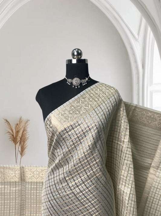 Ambika Tissue Saree with Checks and Geometrical Border Off White (Easter Special)