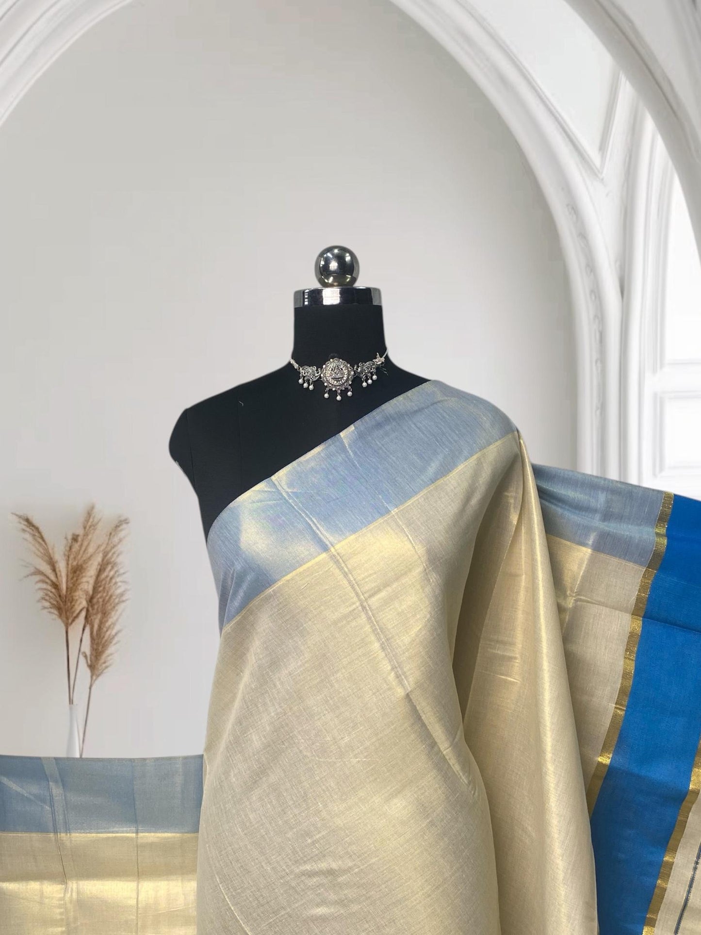 Kerala Saree with Kasavu Blue