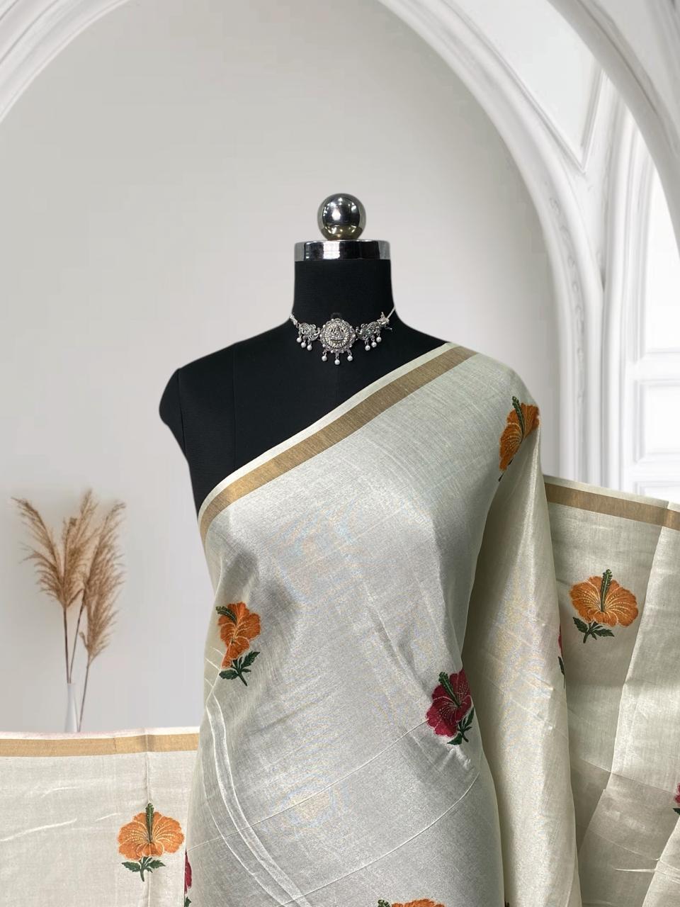 Ambujam Semi Khadi Saree with Hibiscus Design Off White