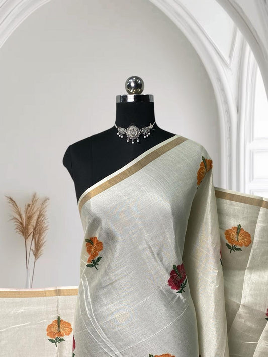 Ambujam Semi Khadi Saree with Hibiscus Design Off White