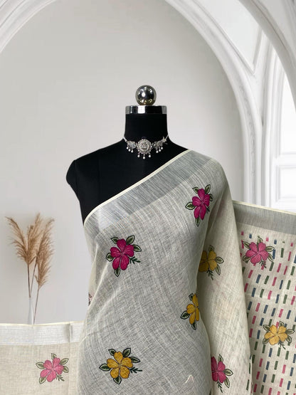 Ambujam Semi Linen Floral Design Saree with Purple Tassels