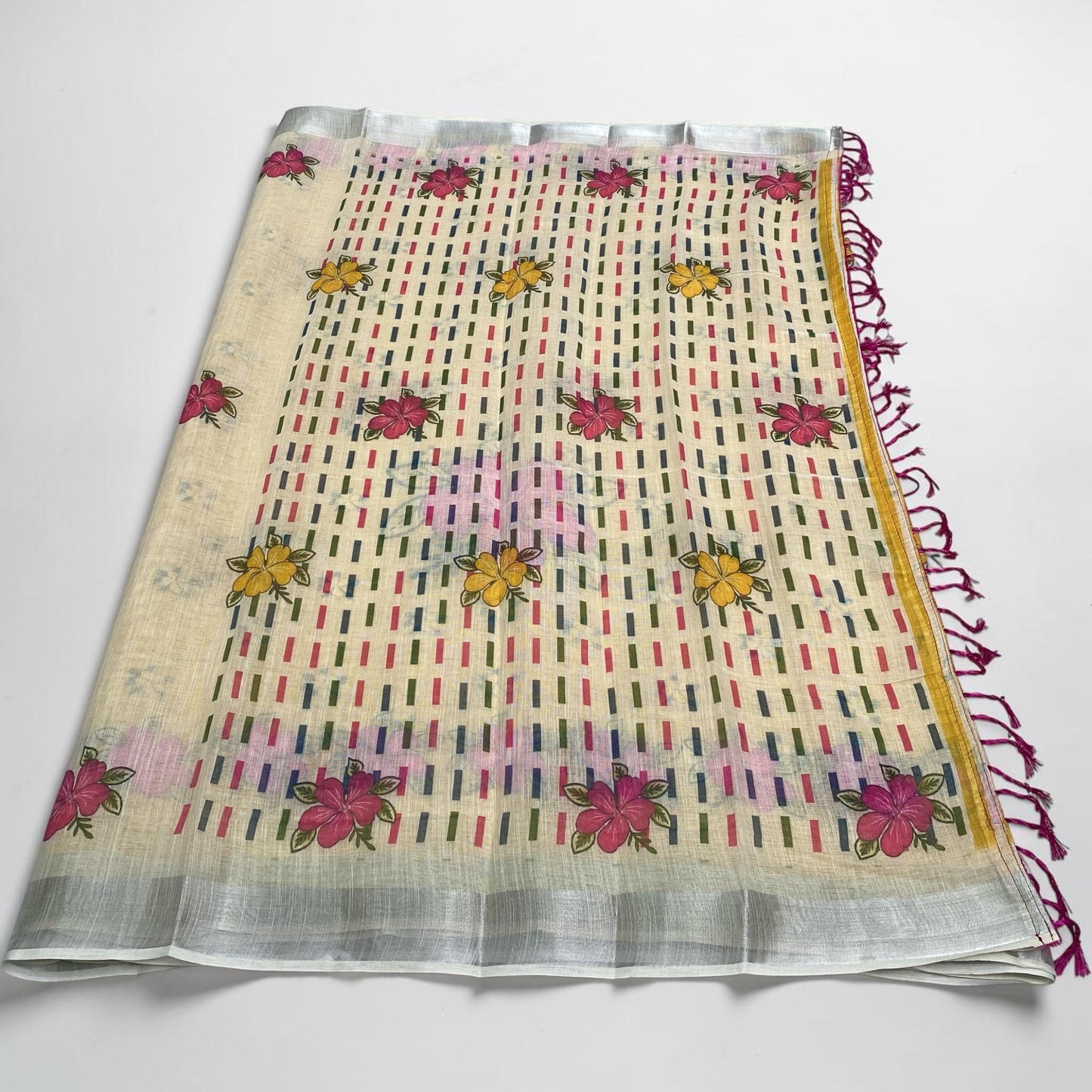 Ambujam Semi Linen Floral Design Saree with Purple Tassels