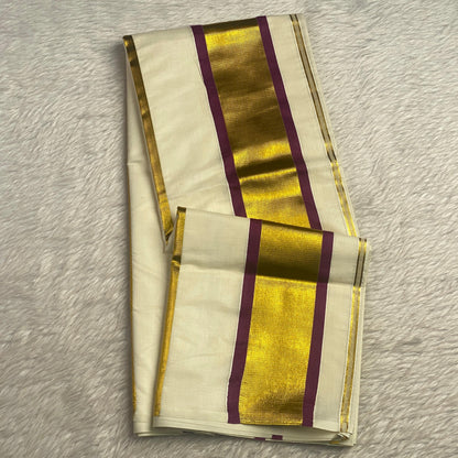 Premium Striped Cotton Set Saree with Violet & Golden Kasavu