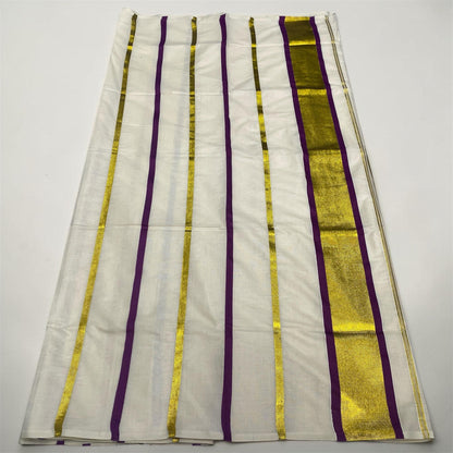 Premium Striped Cotton Set Saree with Violet & Golden Kasavu