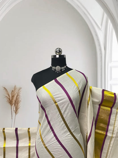 Premium Striped Cotton Set Saree with Violet & Golden Kasavu