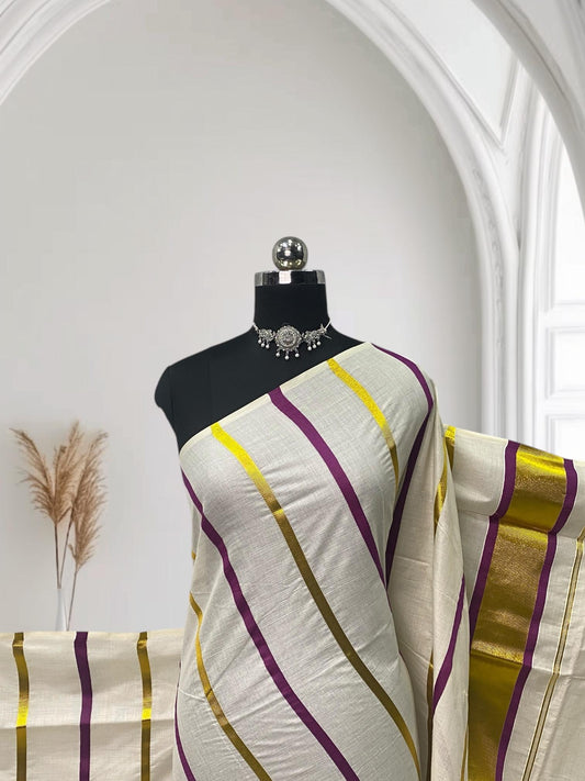 Premium Striped Cotton Set Saree with Violet & Golden Kasavu