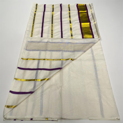 Premium Striped Cotton Set Saree with Violet & Golden Kasavu