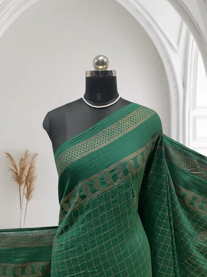 Veda Kashmiri Silk Big Checks Saree with Double Line Border Peacock Blue