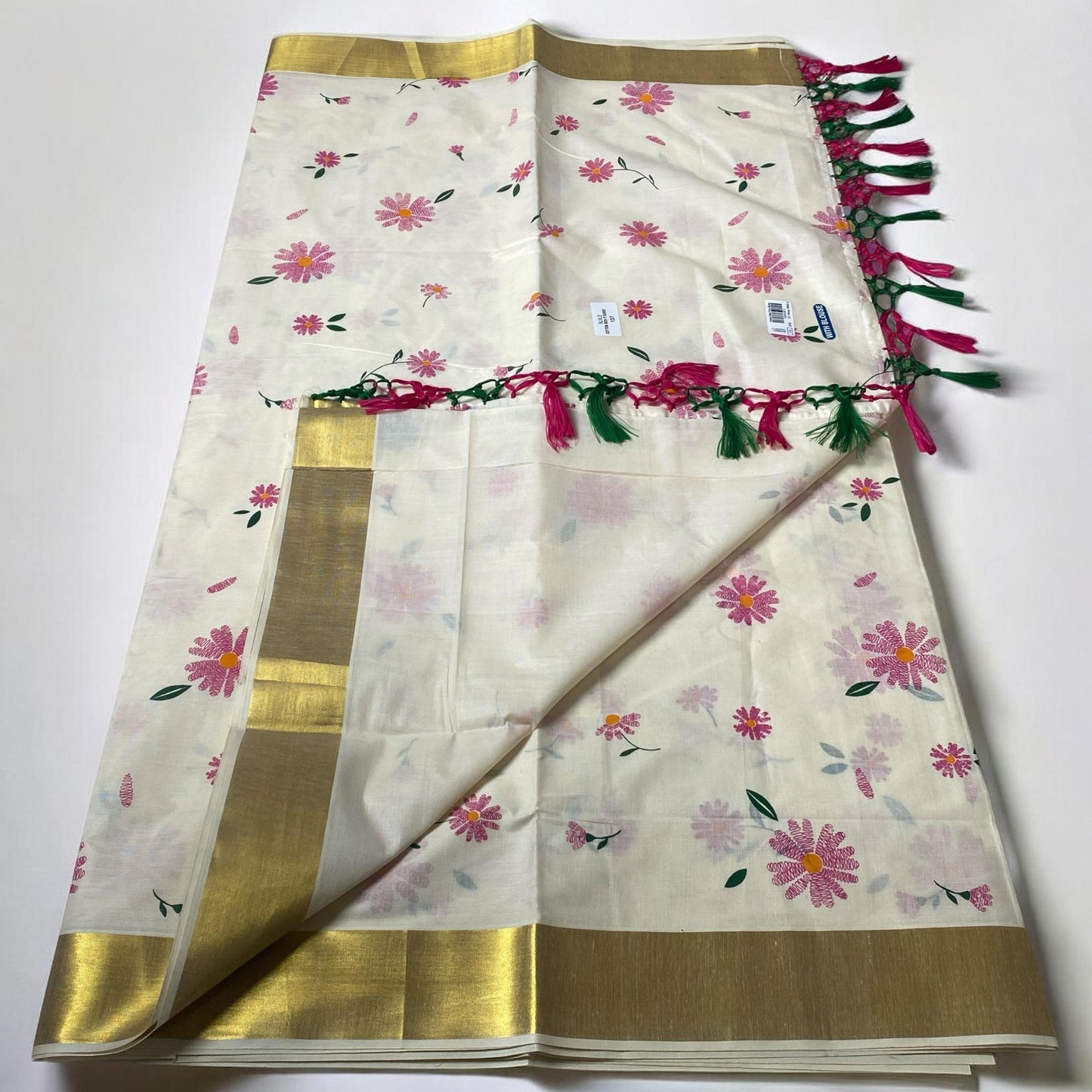 Radhika Pink Floral Cotton Kasavu Saree