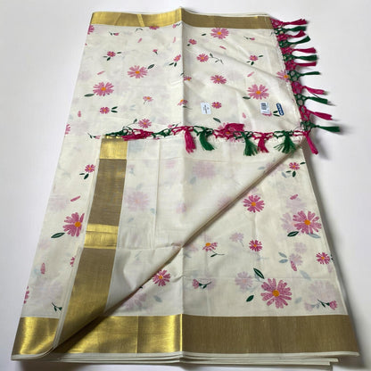 Radhika Pink Floral Cotton Kasavu Saree