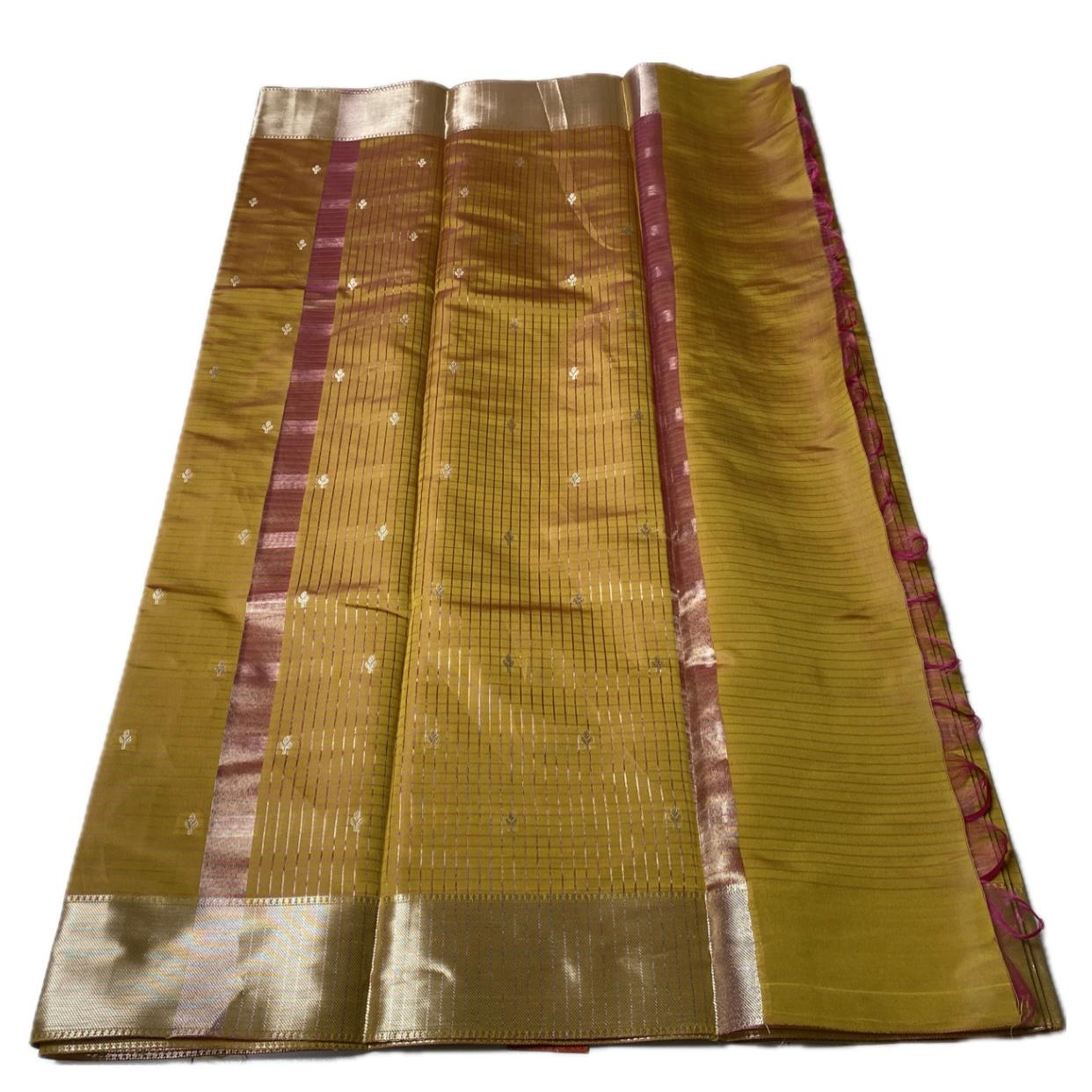 Rani Traditional Saree with Flower Zari Butta work Mustard