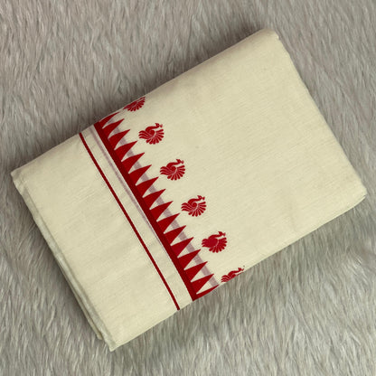Devaki Peacock & Geometric Motif Set Mundu Red