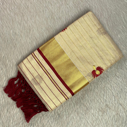 Medam Maroon  Floral Kasavu Tissue Saree