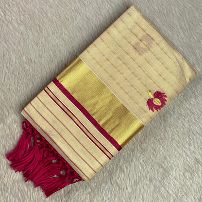 Medam Pink Floral Kasavu Tissue Saree