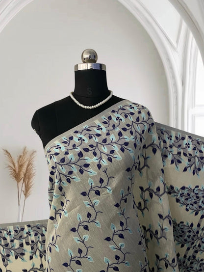 Ithal Chanderi Silk Flora Collection Saree Blue