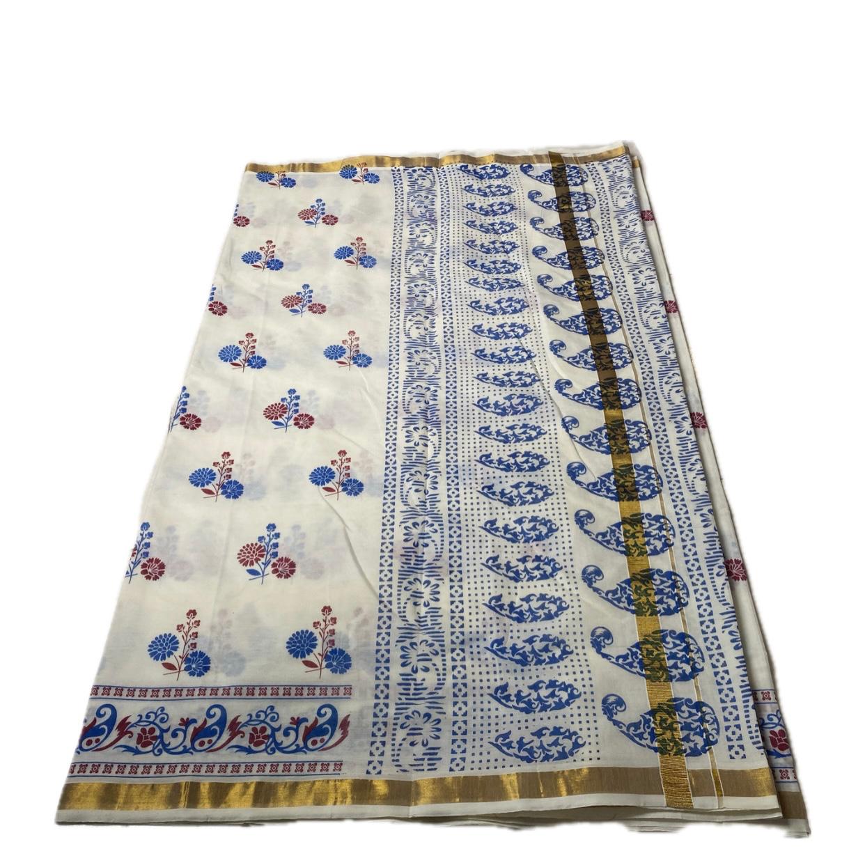 Neelambari Blue and Red Floral Print Cotton Kasavu Saree