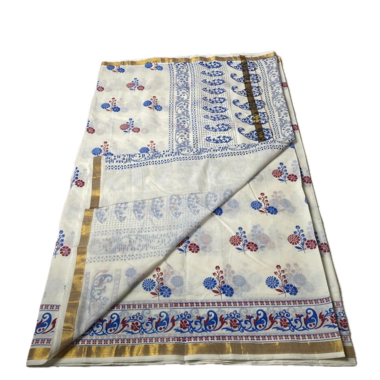Neelambari Blue and Red Floral Print Cotton Kasavu Saree