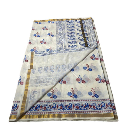 Neelambari Blue and Red Floral Print Cotton Kasavu Saree