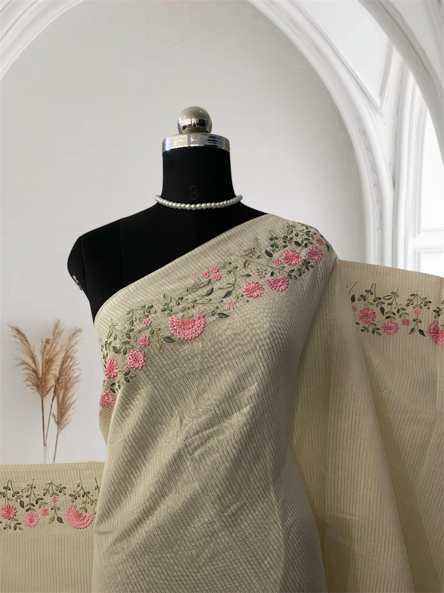 Floral Embroidered Net Cotta Saree with Tassels