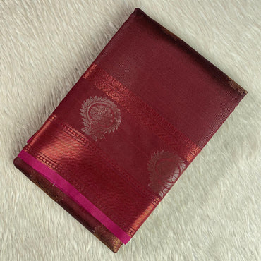 Kanjivaram Style Brown Silk Saree with Blue Contrast Pallu