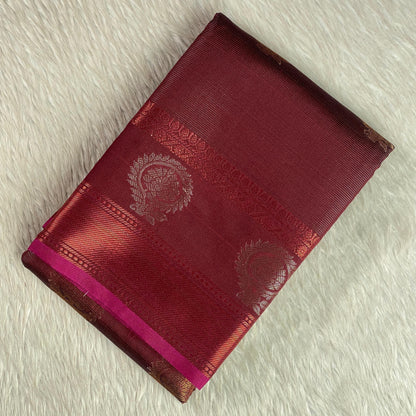 Kanjivaram Style Brown Silk Saree with Blue Contrast Pallu