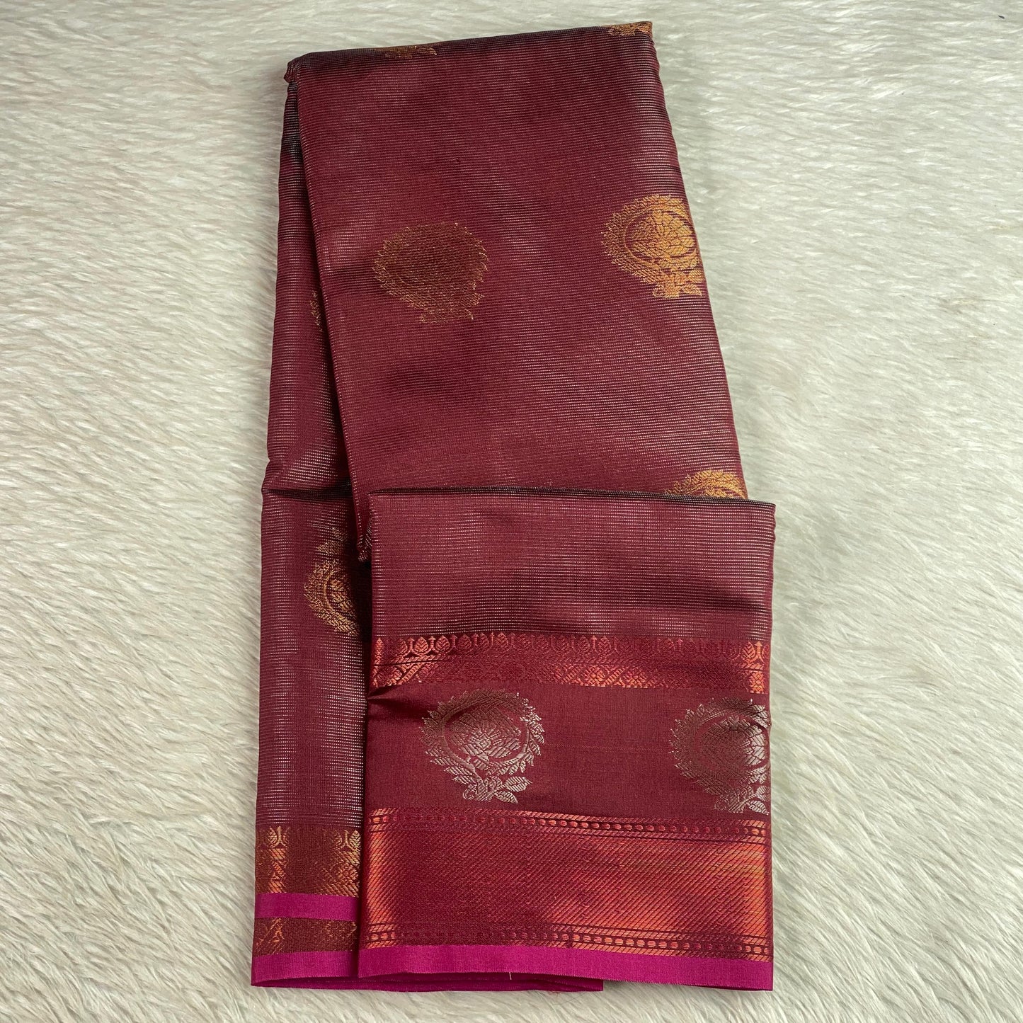 Kanjivaram Style Brown Silk Saree with Blue Contrast Pallu