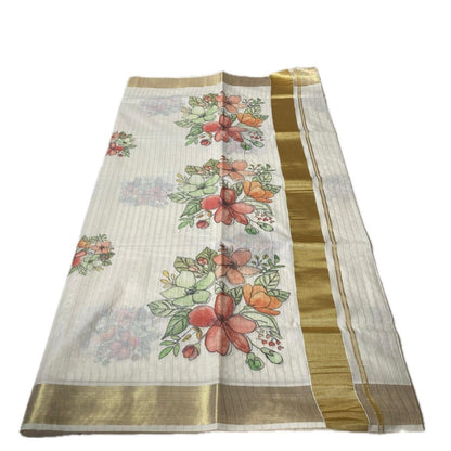 Chethi Floral Striped Kasavu Tissue Saree