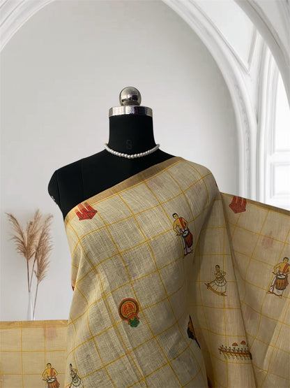 Off-White Printed Kasavu Cotton Saree – Traditional Heritage Collection