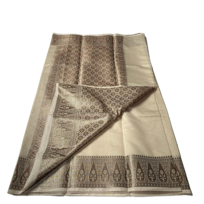 Golden Silk Saree with Temple Motif Zari Border Chikku