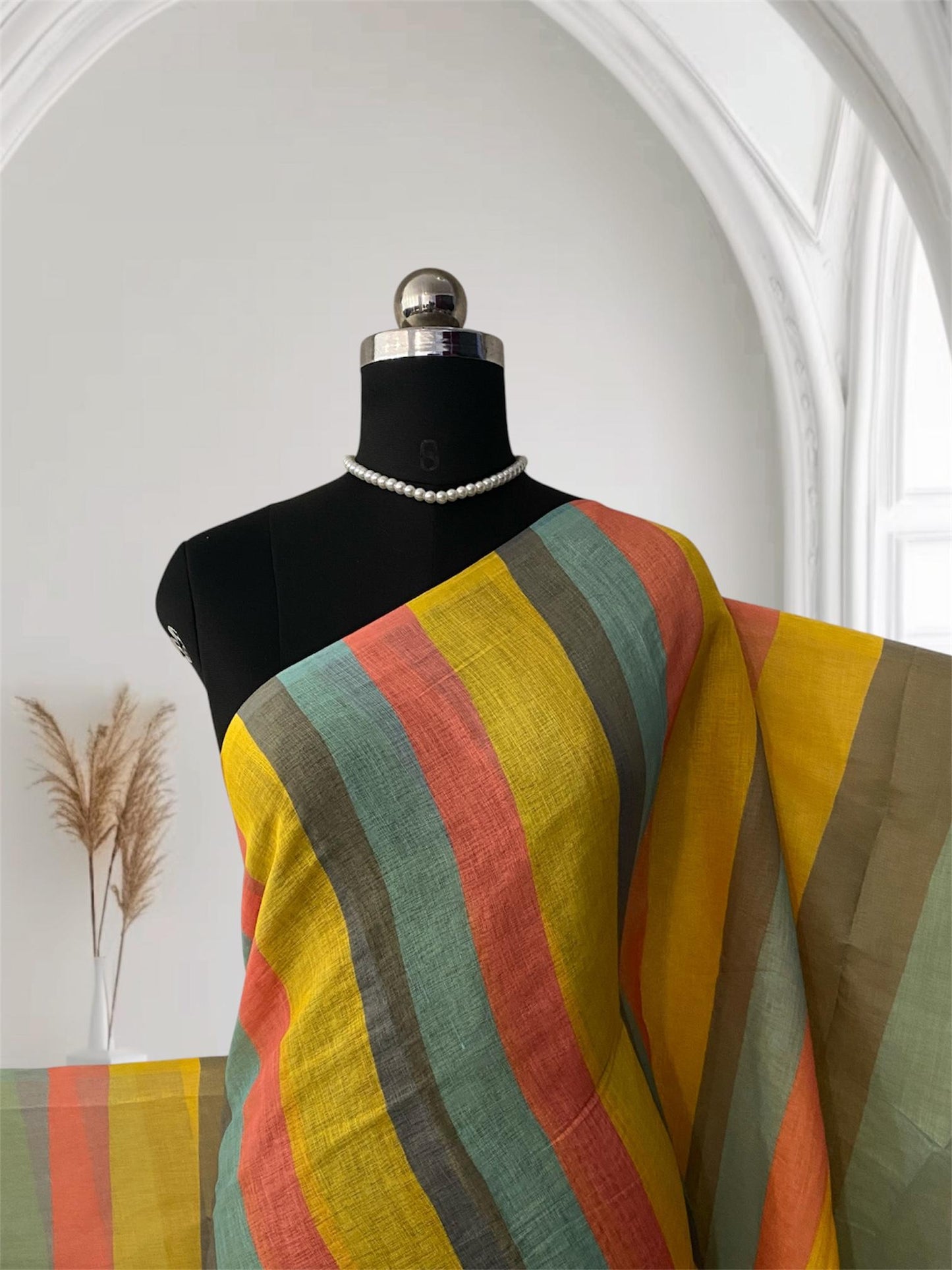 Anugraha Sunrise Striped Semi Linen Saree in Yellow
