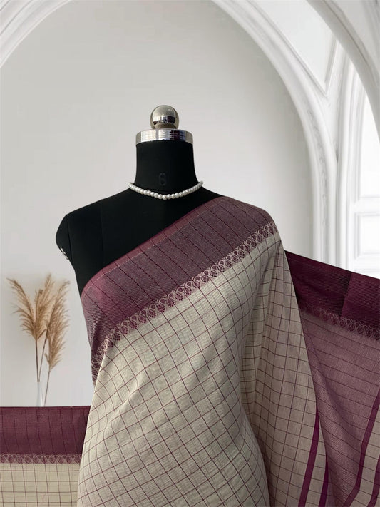 Purple & Off white Checkered Chanderi Cotton