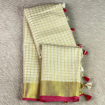 Kannaki Semi Linen Jute Saree with Pink Zari Border